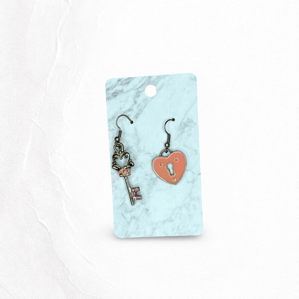 633. Pink Enamel Heart and Key Earrings